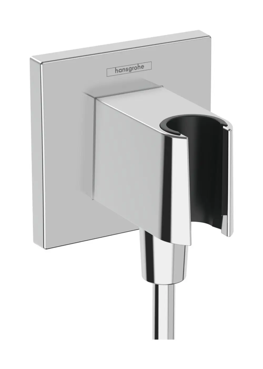 Wandanschluss mit Brausehalter von Hansgrohe in glänzendem Chrom, bestehend aus einer rechteckigen Wandplatte und einer Halterung für eine Dusche.